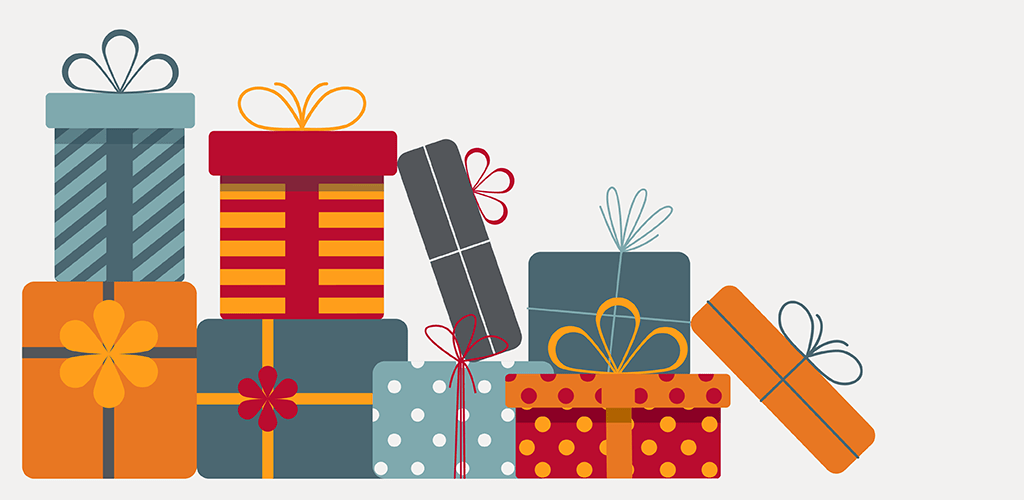 Christmas gifts piled up.